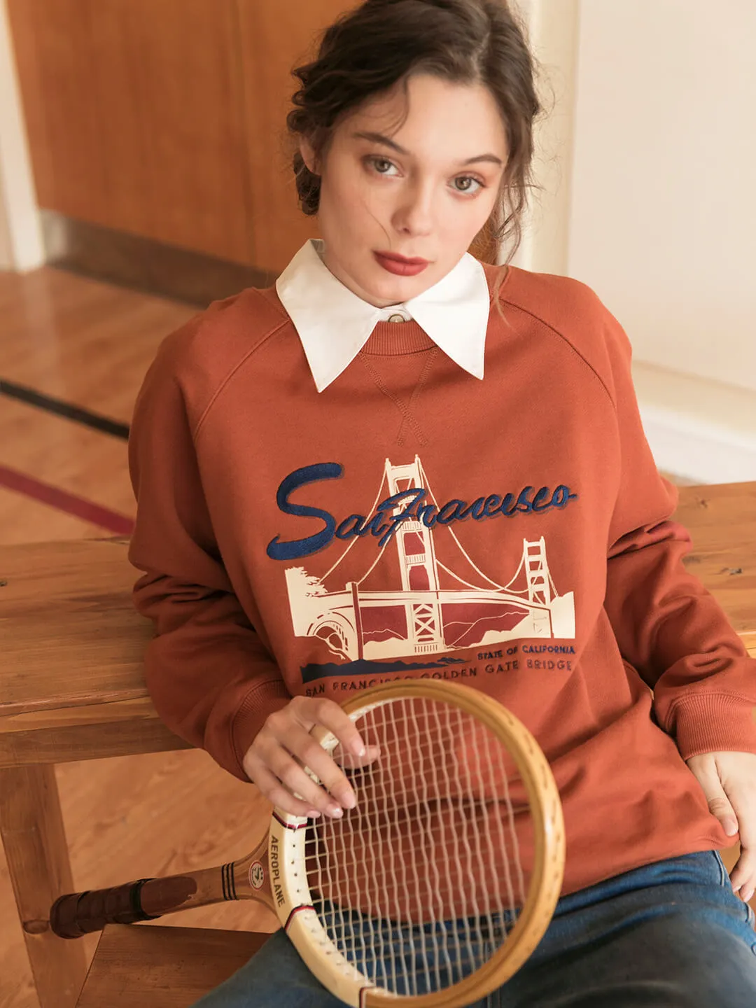 Lola Graphic Embroidery Crewneck Red Fleece Sweatshirt