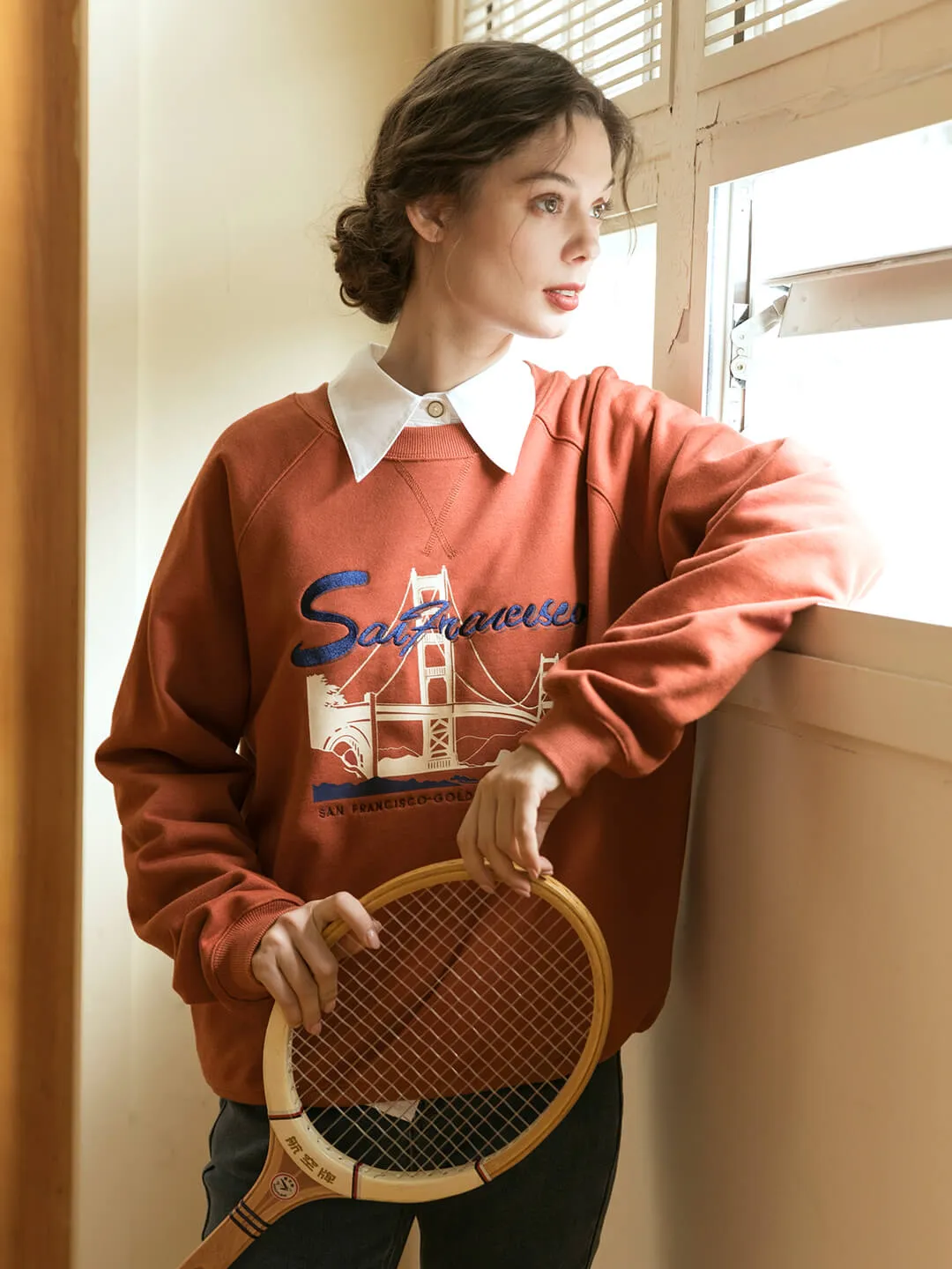 Lola Graphic Embroidery Crewneck Red Fleece Sweatshirt