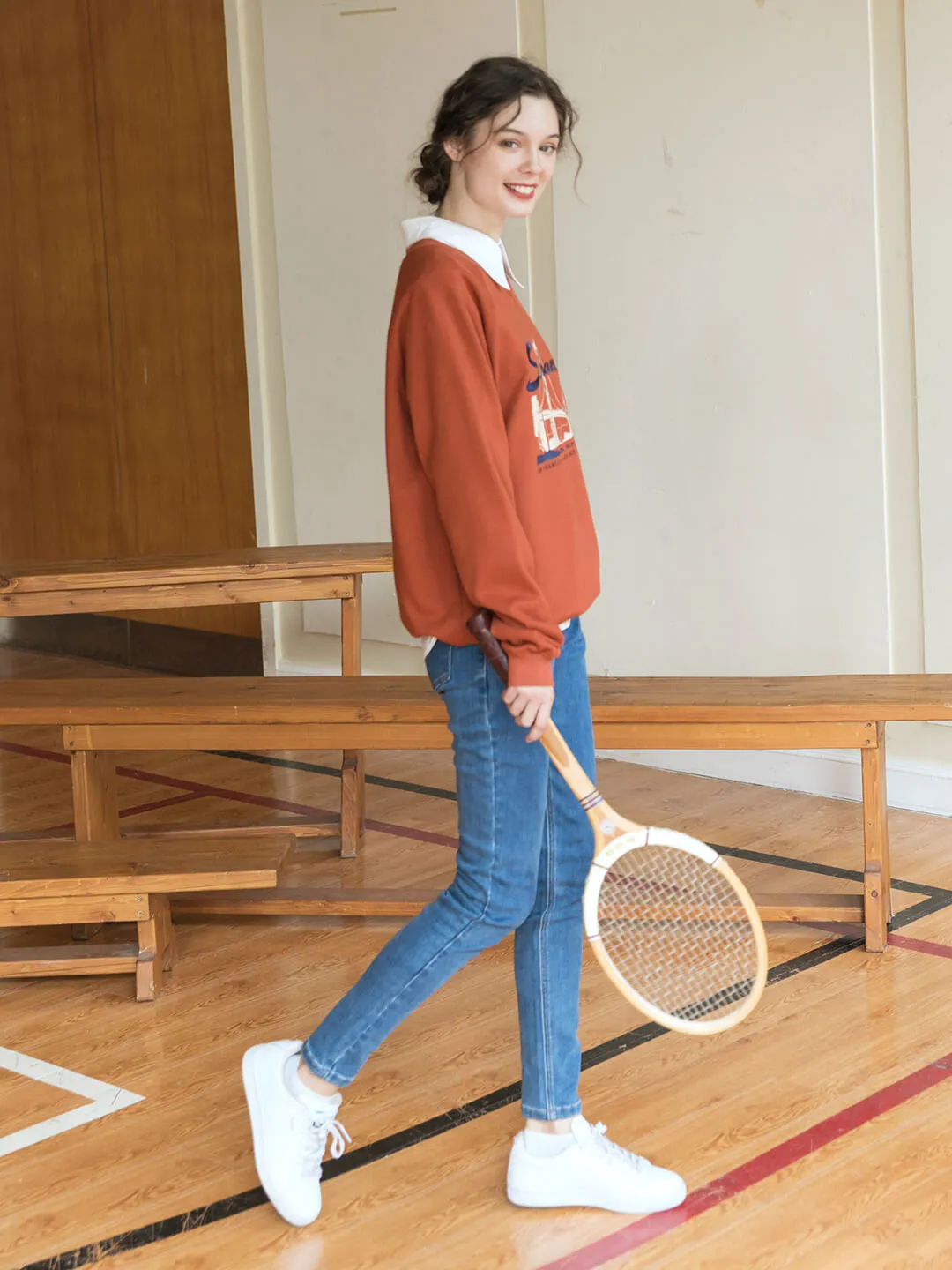 Lola Graphic Embroidery Crewneck Red Fleece Sweatshirt