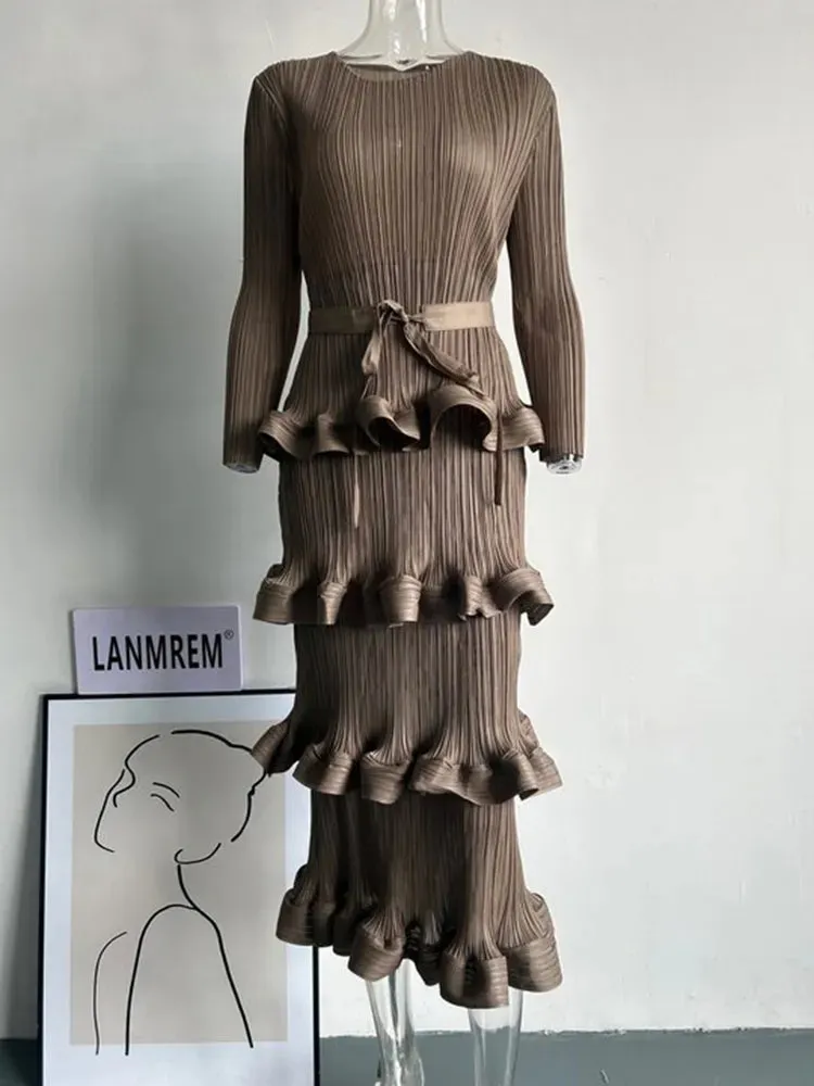 Long Pleated 4-Layer Dress for Women Round Neck Solid Color Ruffles Cake Belt Elegant Cocktail Dress Wedding