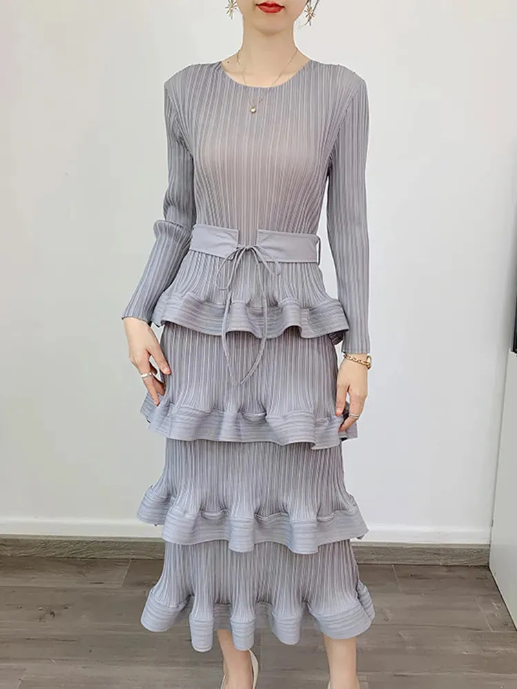 Long Pleated 4-Layer Dress for Women Round Neck Solid Color Ruffles Cake Belt Elegant Cocktail Dress Wedding
