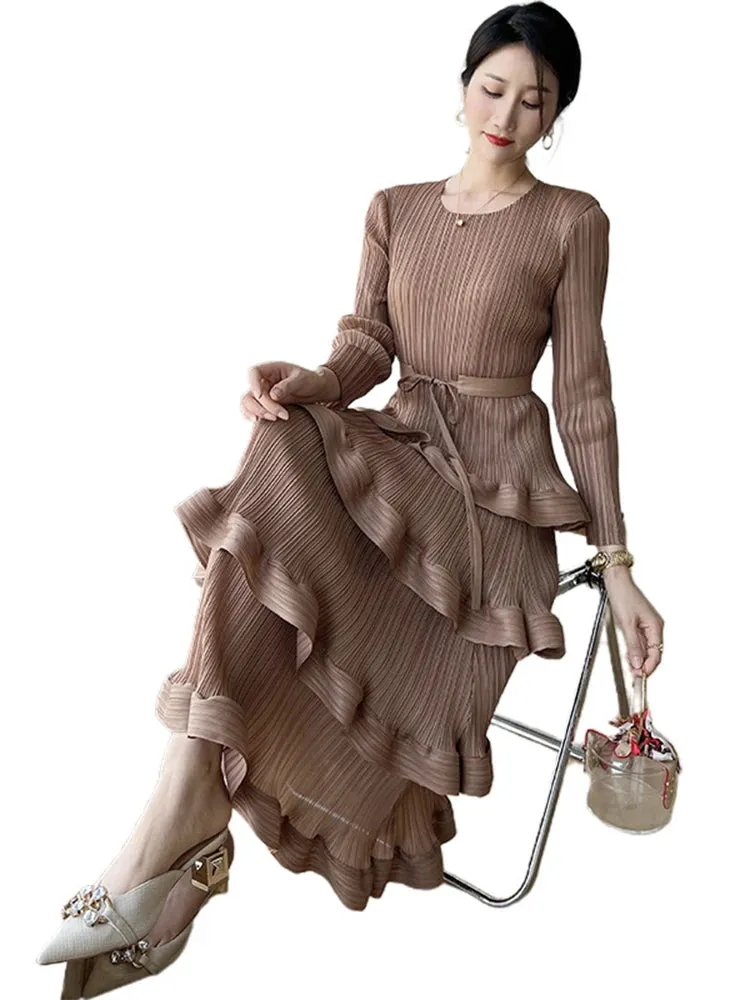 Long Pleated 4-Layer Dress for Women Round Neck Solid Color Ruffles Cake Belt Elegant Cocktail Dress Wedding