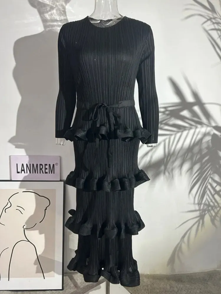 Long Pleated 4-Layer Dress for Women Round Neck Solid Color Ruffles Cake Belt Elegant Cocktail Dress Wedding