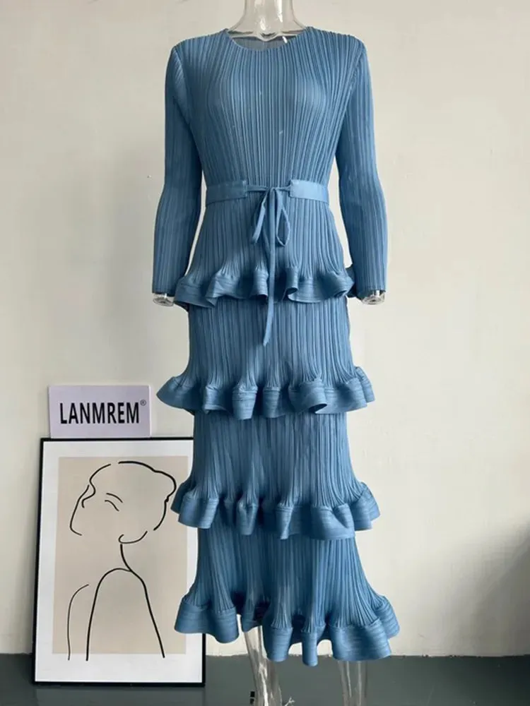 Long Pleated 4-Layer Dress for Women Round Neck Solid Color Ruffles Cake Belt Elegant Cocktail Dress Wedding