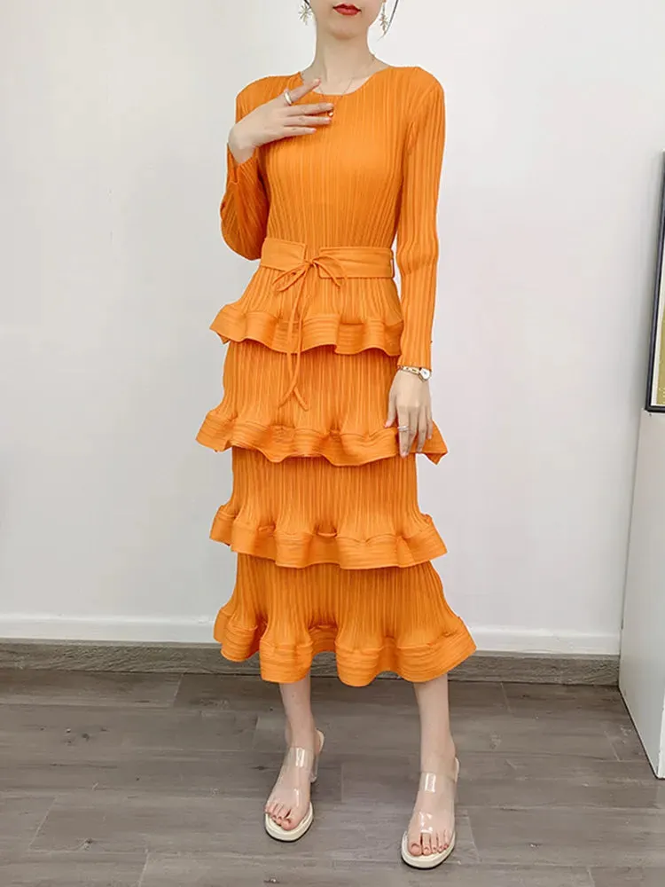 Long Pleated 4-Layer Dress for Women Round Neck Solid Color Ruffles Cake Belt Elegant Cocktail Dress Wedding