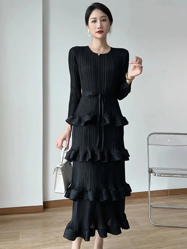 Long Pleated 4-Layer Dress for Women Round Neck Solid Color Ruffles Cake Belt Elegant Cocktail Dress Wedding