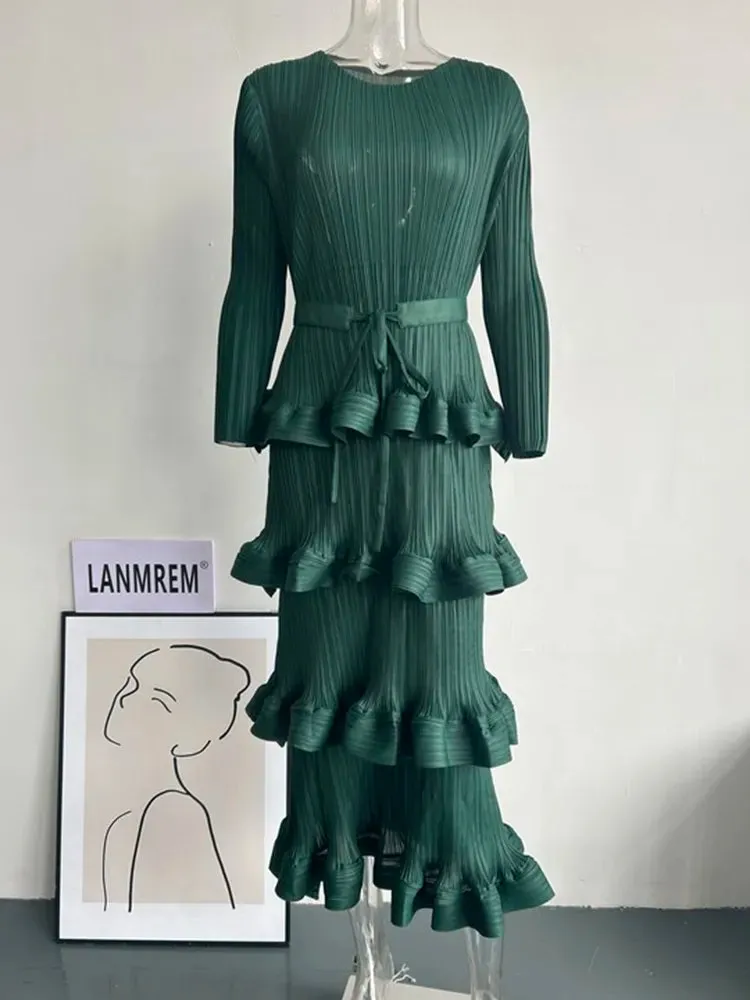 Long Pleated 4-Layer Dress for Women Round Neck Solid Color Ruffles Cake Belt Elegant Cocktail Dress Wedding