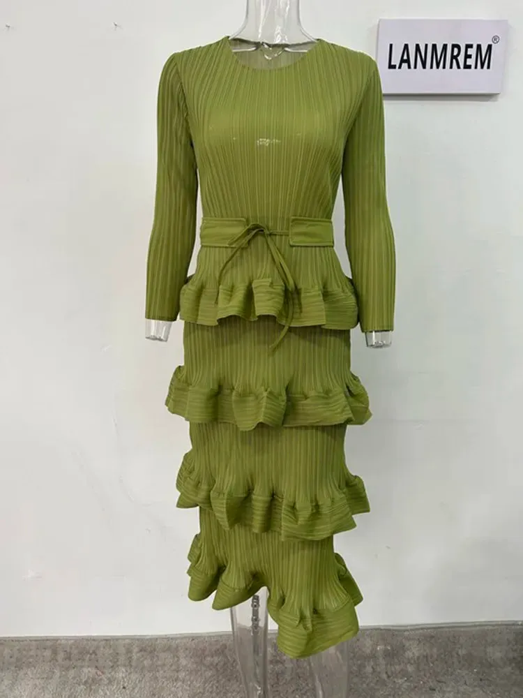 Long Pleated 4-Layer Dress for Women Round Neck Solid Color Ruffles Cake Belt Elegant Cocktail Dress Wedding