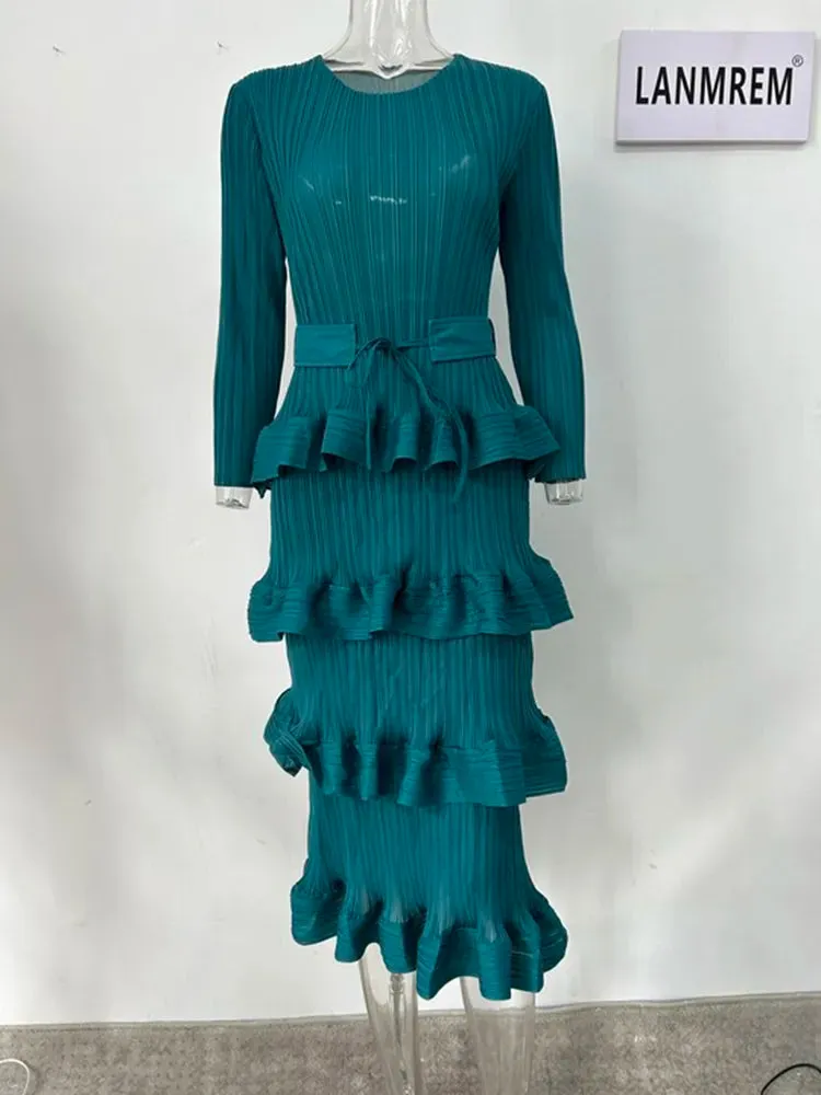 Long Pleated 4-Layer Dress for Women Round Neck Solid Color Ruffles Cake Belt Elegant Cocktail Dress Wedding