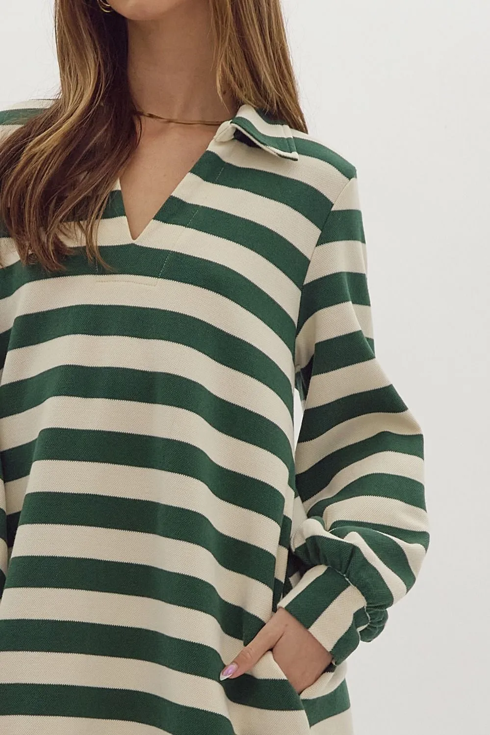 Long Sleeve Stripped Mini Dress  {Green}