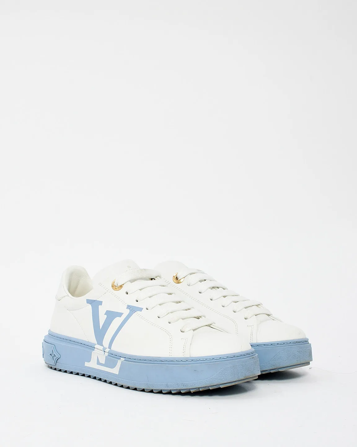Louis Vuitton White & Blue Leather Time Out Low Top Sneakers - 37.5