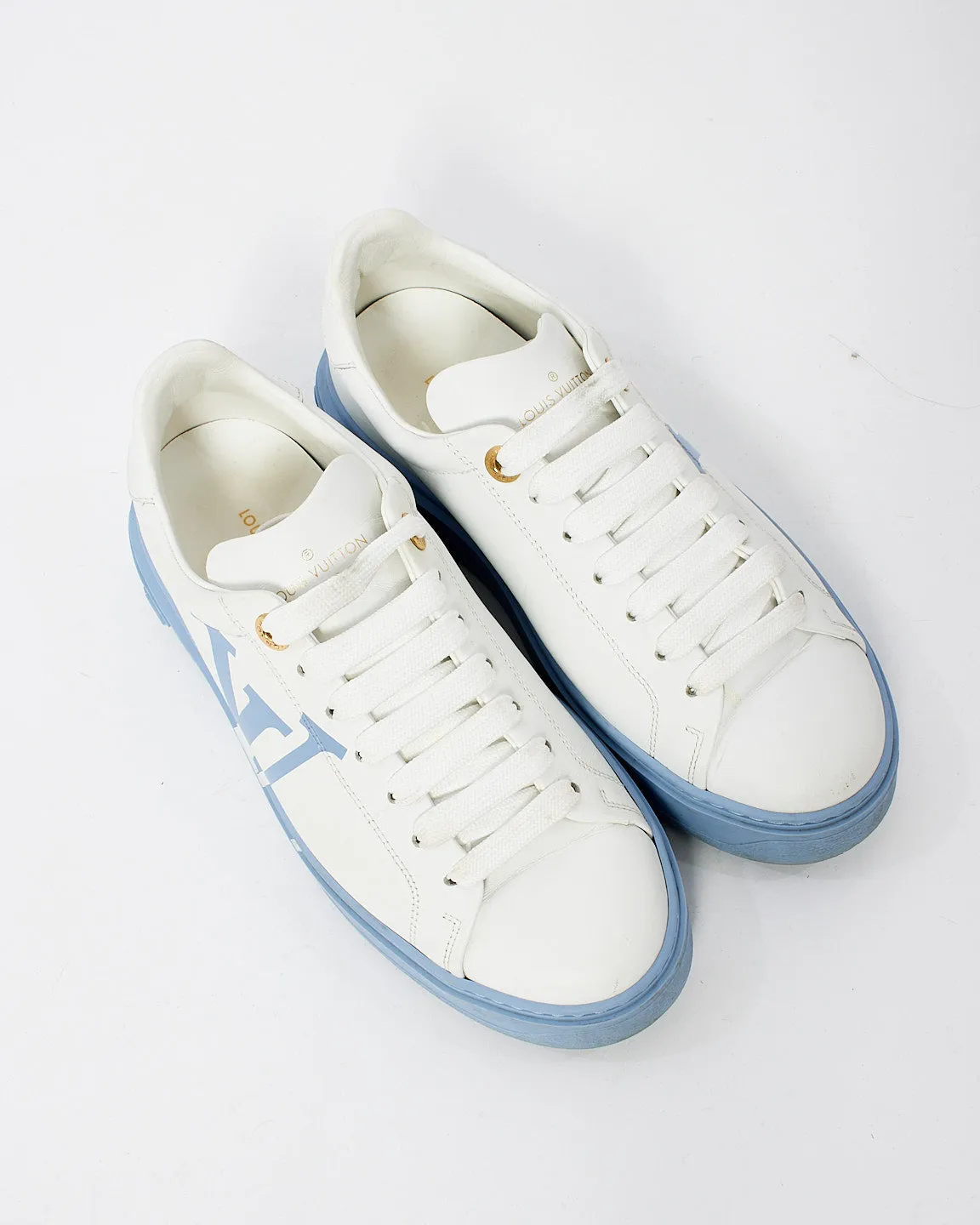 Louis Vuitton White & Blue Leather Time Out Low Top Sneakers - 37.5