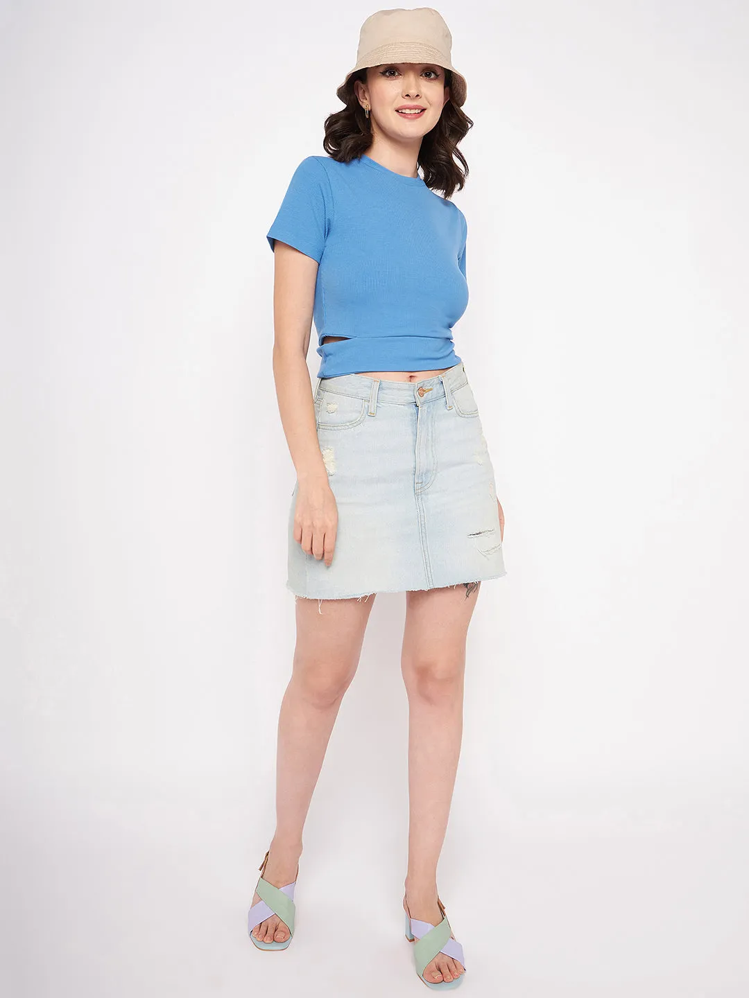 Madame Blue Fitted Round Neck Top
