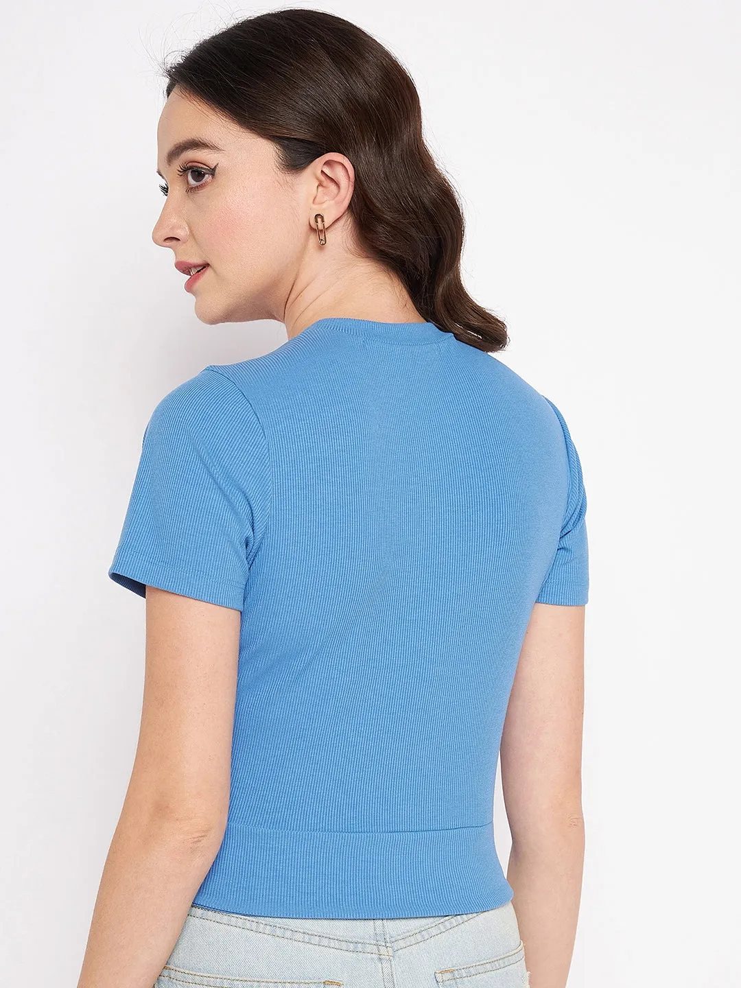 Madame Blue Fitted Round Neck Top