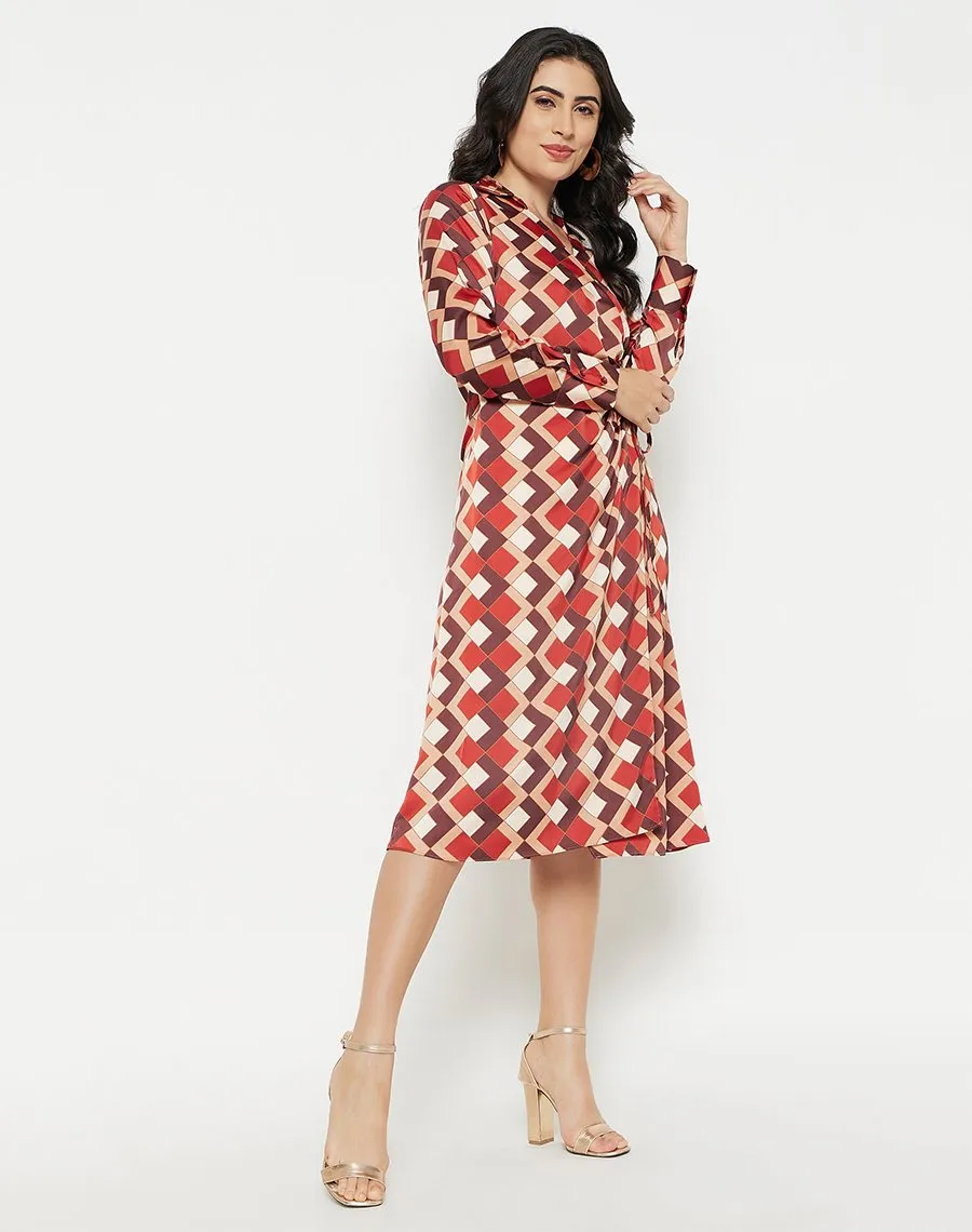 Madame Geometric Print Side Ruched Rosewood Midi Dress