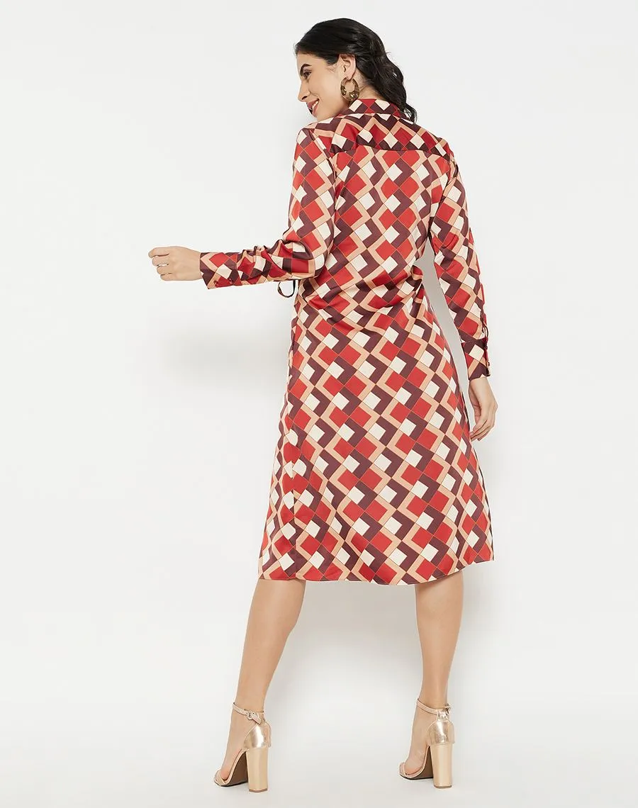 Madame Geometric Print Side Ruched Rosewood Midi Dress