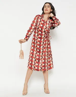 Madame Geometric Print Side Ruched Rosewood Midi Dress