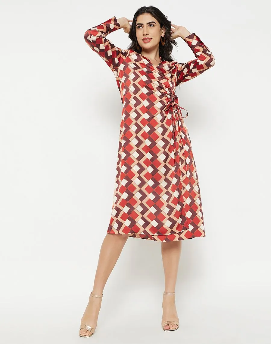 Madame Geometric Print Side Ruched Rosewood Midi Dress