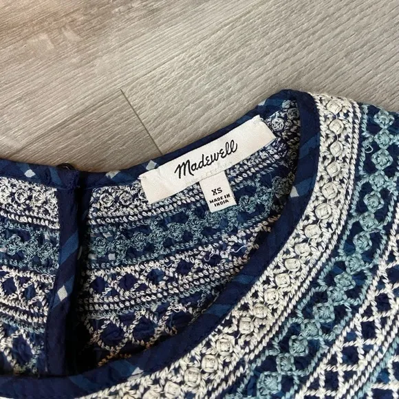 Madewell Embroidered Puff-Sleeve Babydoll Dress in Indigo Plaid