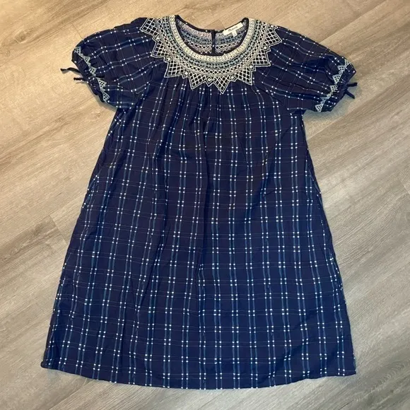 Madewell Embroidered Puff-Sleeve Babydoll Dress in Indigo Plaid