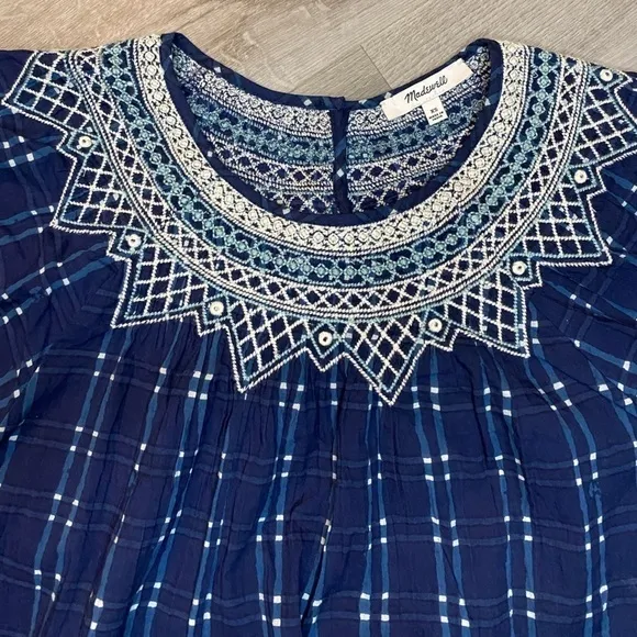 Madewell Embroidered Puff-Sleeve Babydoll Dress in Indigo Plaid