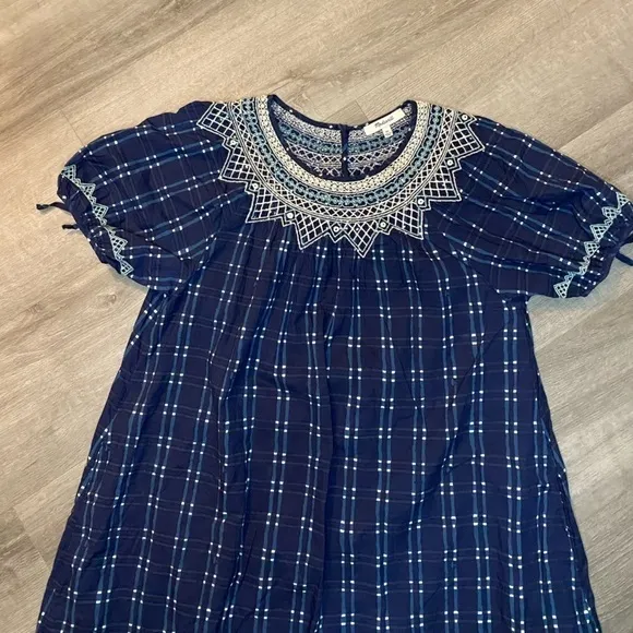 Madewell Embroidered Puff-Sleeve Babydoll Dress in Indigo Plaid