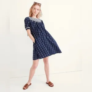 Madewell Embroidered Puff-Sleeve Babydoll Dress in Indigo Plaid
