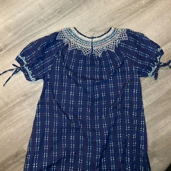 Madewell Embroidered Puff-Sleeve Babydoll Dress in Indigo Plaid