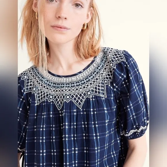 Madewell Embroidered Puff-Sleeve Babydoll Dress in Indigo Plaid