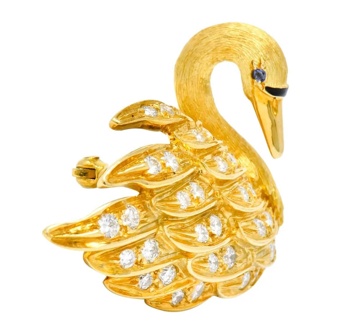 McTeigue Diamond Sapphire Enamel 18 Karat Yellow Gold Swan Brooch