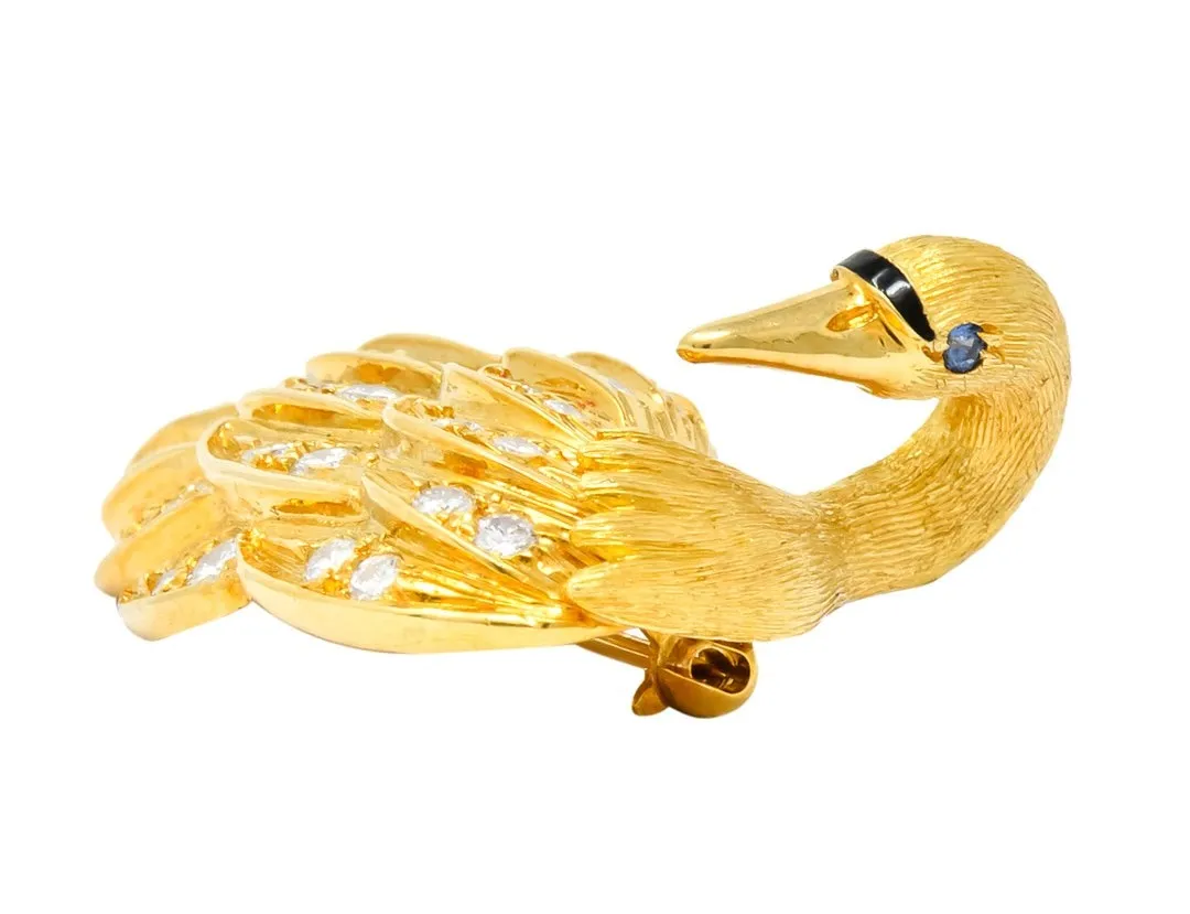 McTeigue Diamond Sapphire Enamel 18 Karat Yellow Gold Swan Brooch