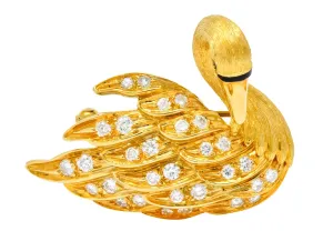McTeigue Diamond Sapphire Enamel 18 Karat Yellow Gold Swan Brooch