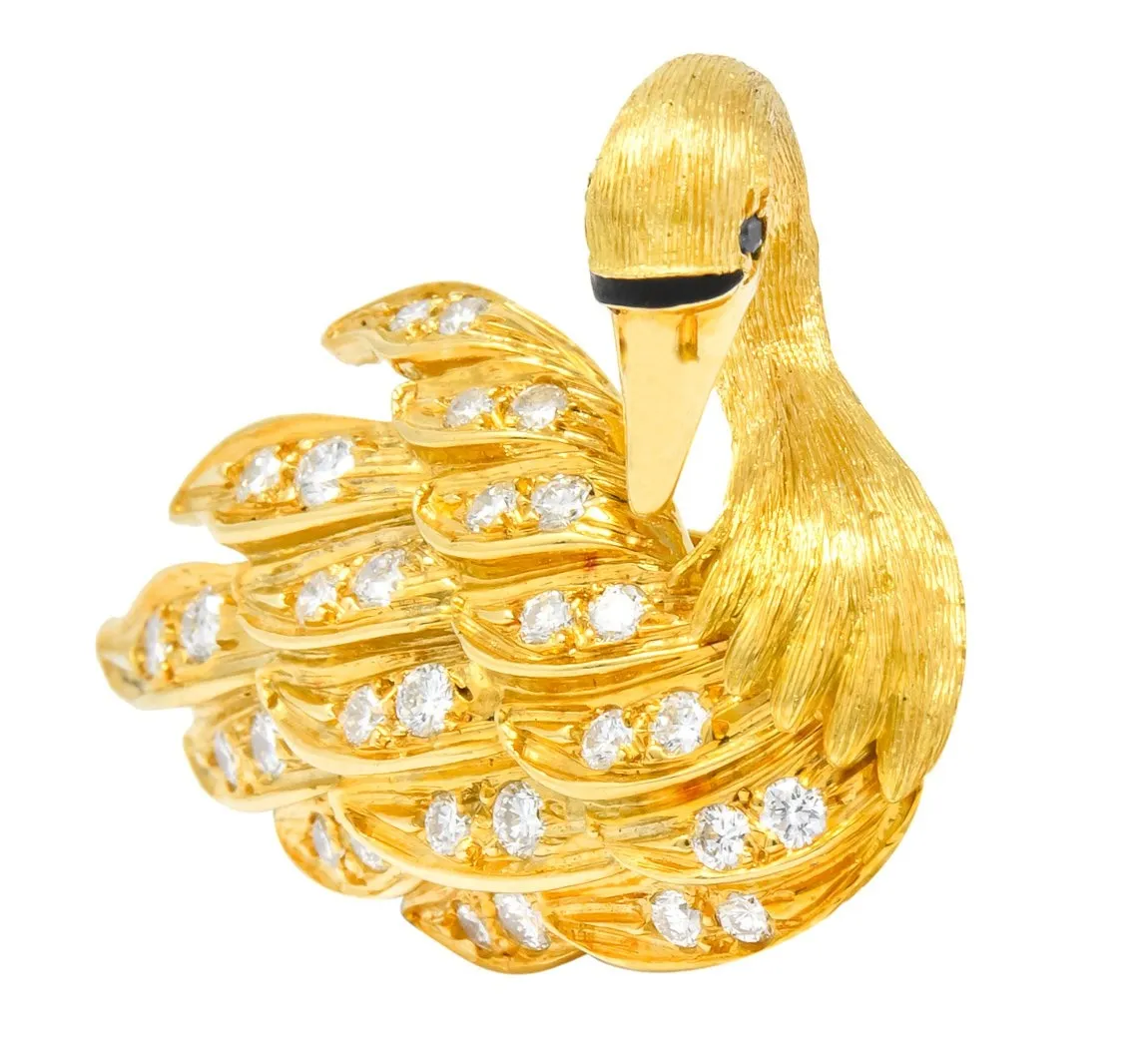 McTeigue Diamond Sapphire Enamel 18 Karat Yellow Gold Swan Brooch