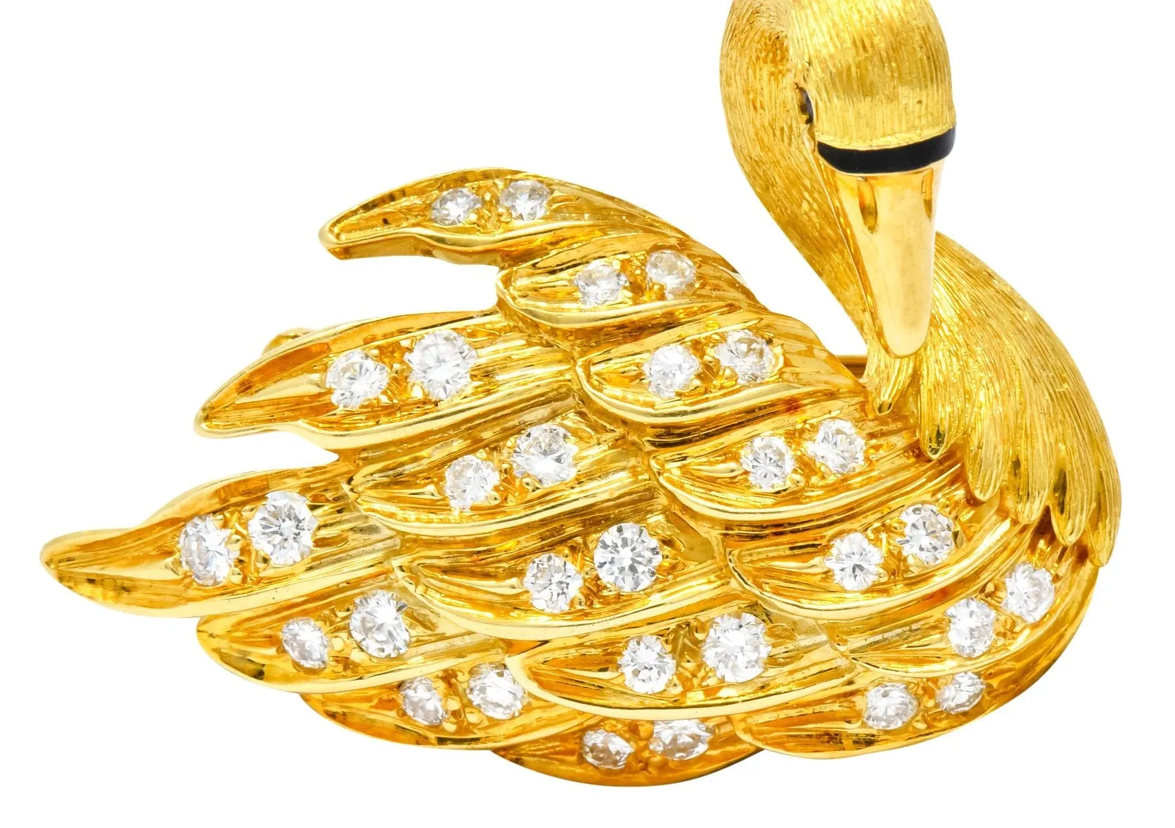 McTeigue Diamond Sapphire Enamel 18 Karat Yellow Gold Swan Brooch