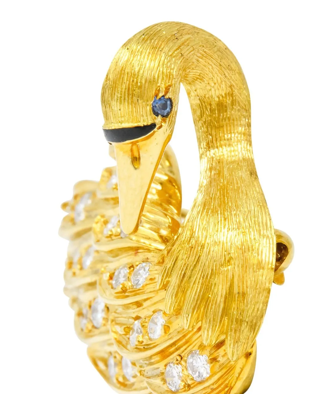 McTeigue Diamond Sapphire Enamel 18 Karat Yellow Gold Swan Brooch