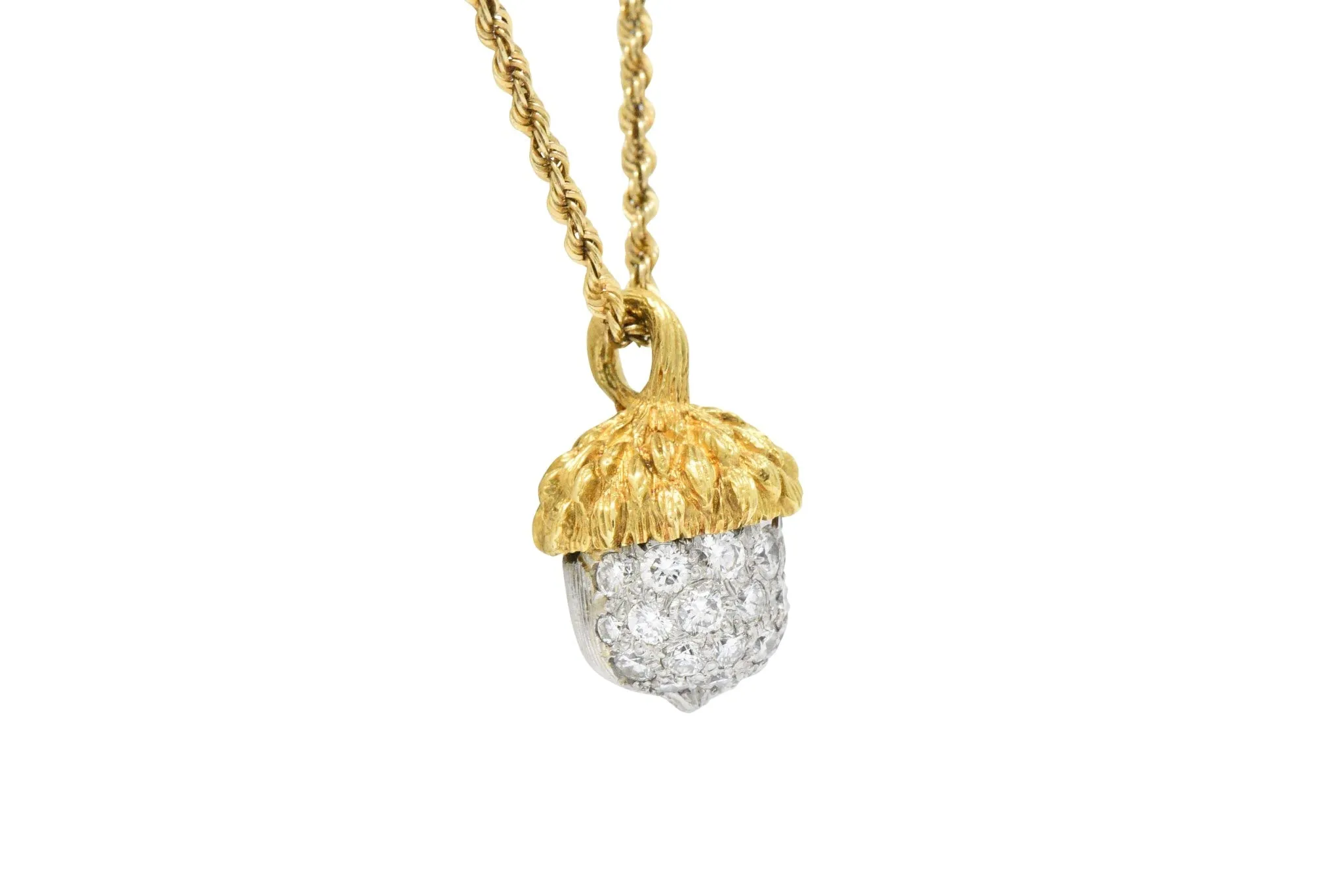 McTeigue Retro 1.20 CTW Diamond Platinum 18 Karat Gold Acorn Pendant Necklace