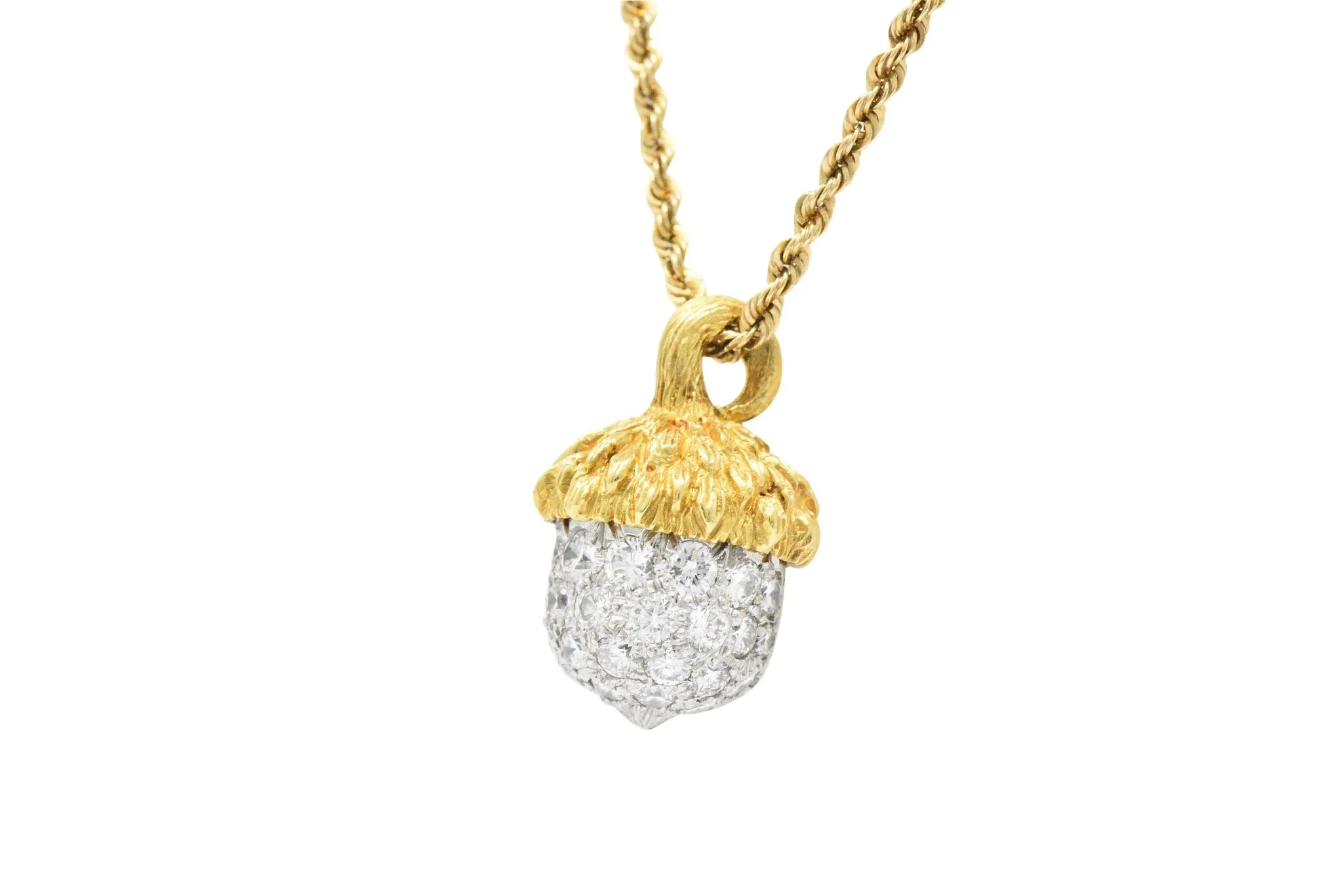 McTeigue Retro 1.20 CTW Diamond Platinum 18 Karat Gold Acorn Pendant Necklace