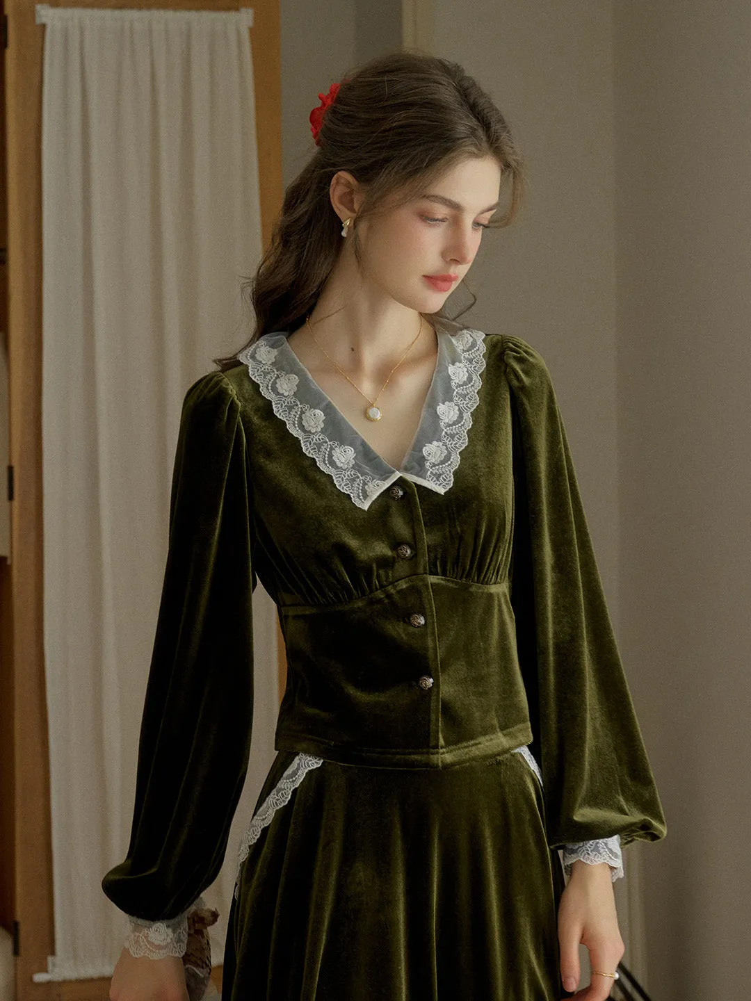 Megan Contrast Lace Lapel Cuffs Lace Splicing Velvet Blouse