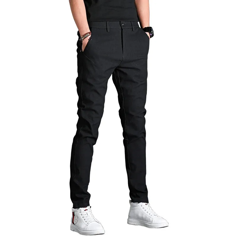 Men's Black Cotton Casual Pants - Korean Style Streetwear Slim Fit Trousers