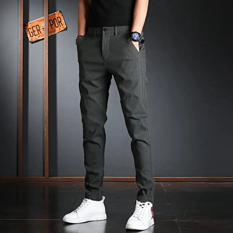 Men's Black Cotton Casual Pants - Korean Style Streetwear Slim Fit Trousers