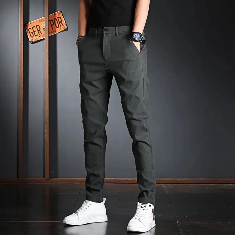 Men's Black Cotton Casual Pants - Korean Style Streetwear Slim Fit Trousers