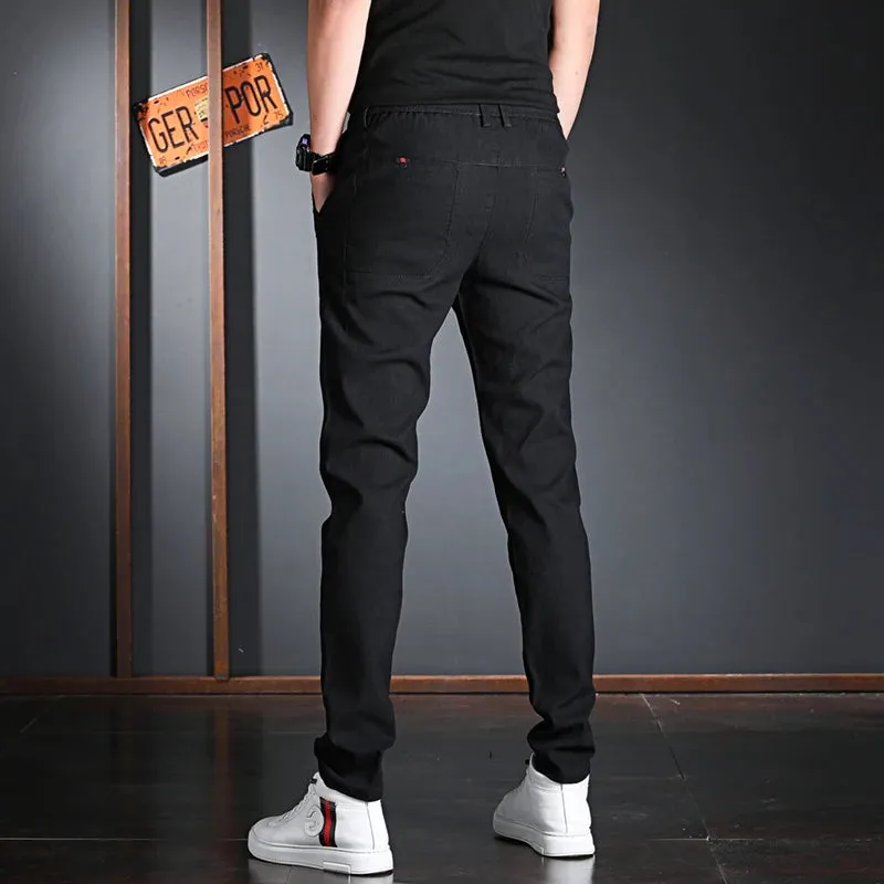Men's Black Cotton Casual Pants - Korean Style Streetwear Slim Fit Trousers