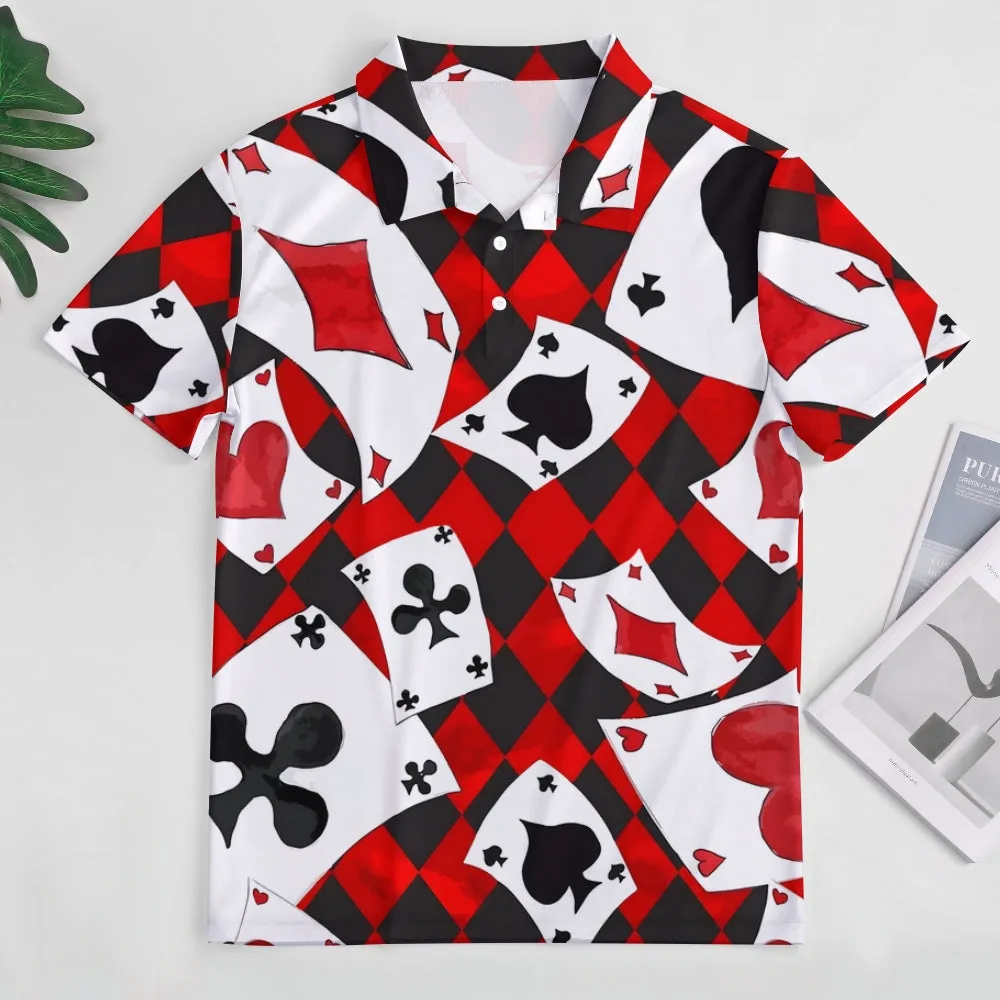 Men's Button-Down Short Sleeve Poker Print Polo Shirt 2312000161