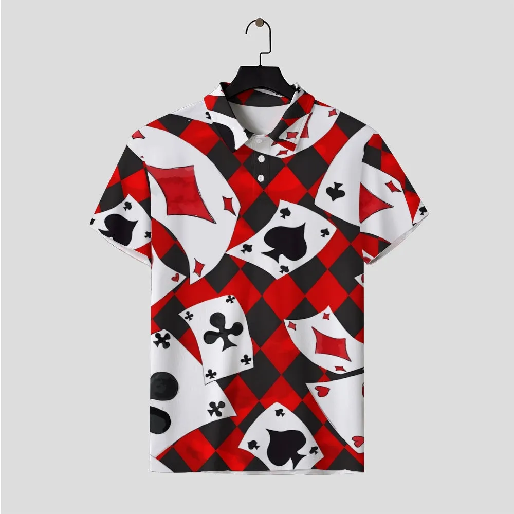 Men's Button-Down Short Sleeve Poker Print Polo Shirt 2312000161