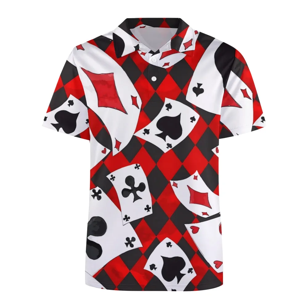 Men's Button-Down Short Sleeve Poker Print Polo Shirt 2312000161
