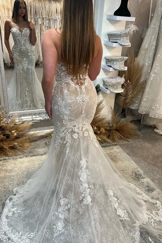 Mermaid Sweetheart Lace Appliques Wedding Dresses With Court Train TN381