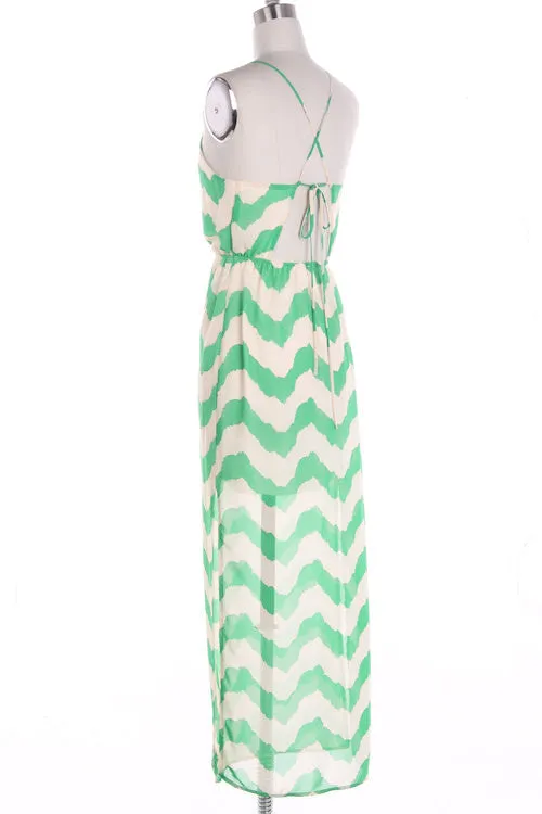 Mint Chevron Maxi Dress with Cross Strapes