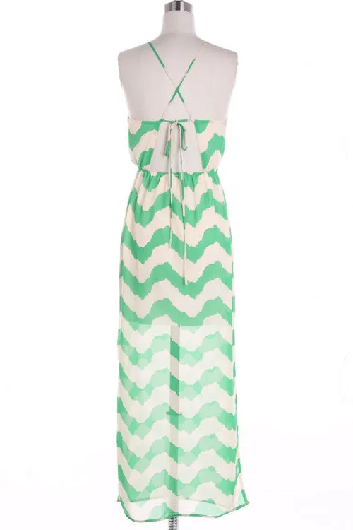 Mint Chevron Maxi Dress with Cross Strapes