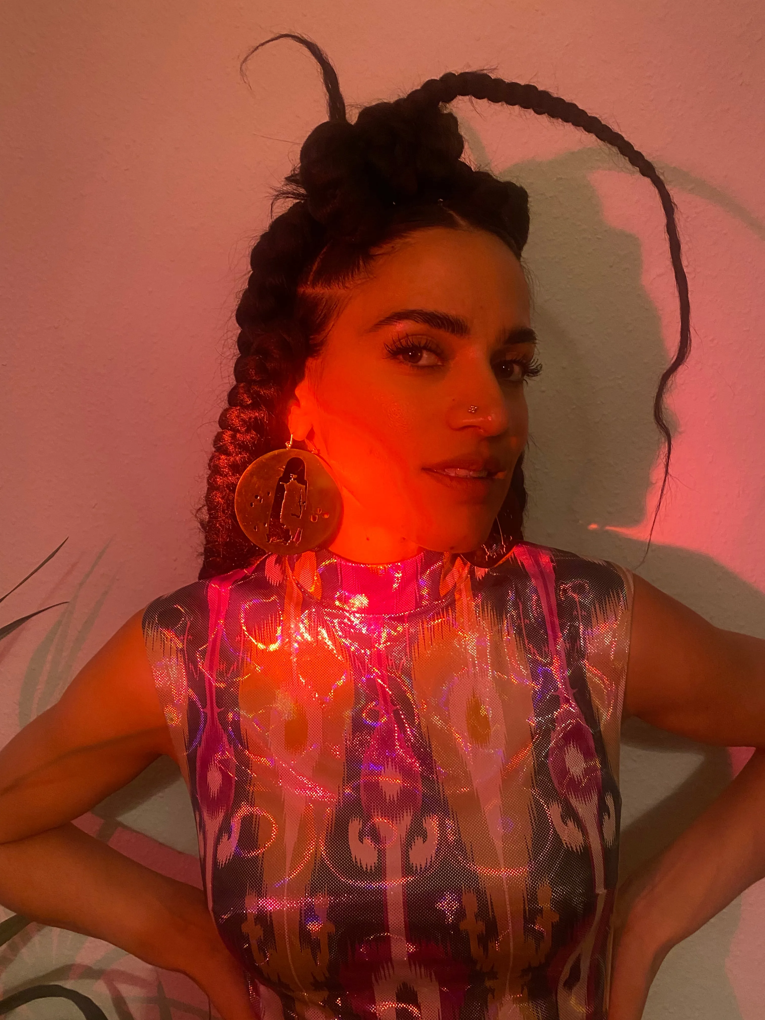 Mock Turtleneck Floor Length Dress in Acid Holograph Adras