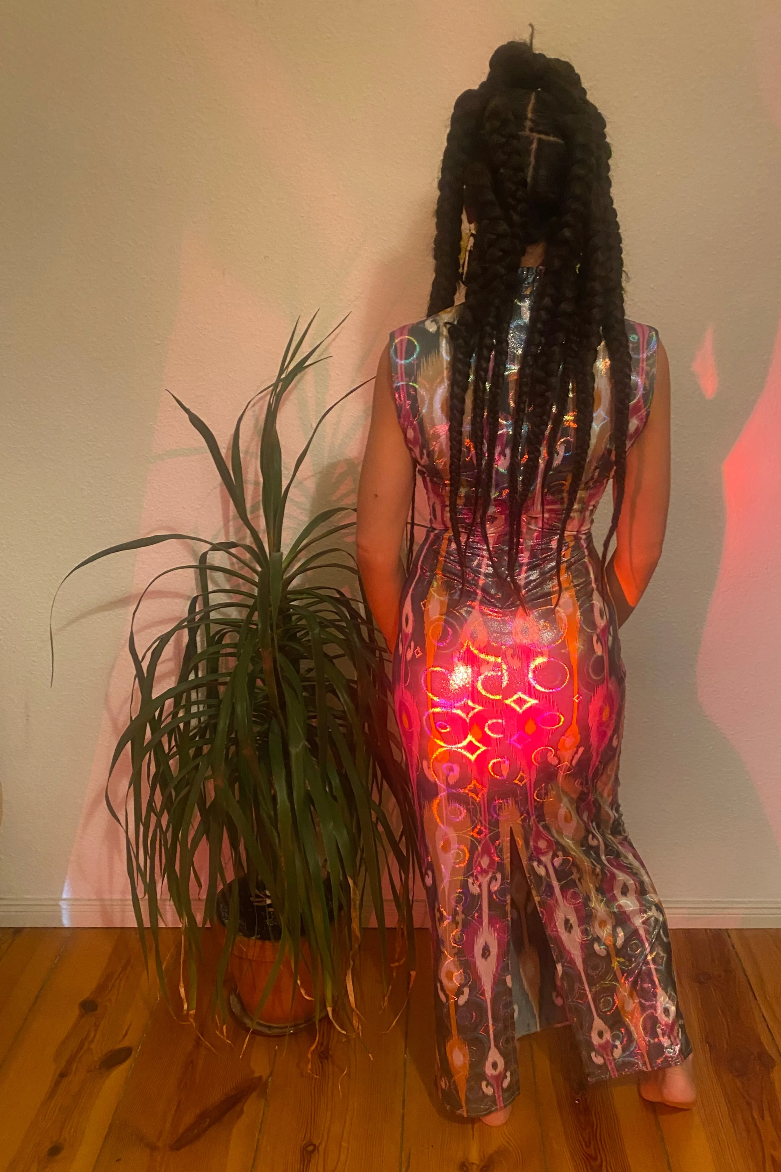 Mock Turtleneck Floor Length Dress in Acid Holograph Adras